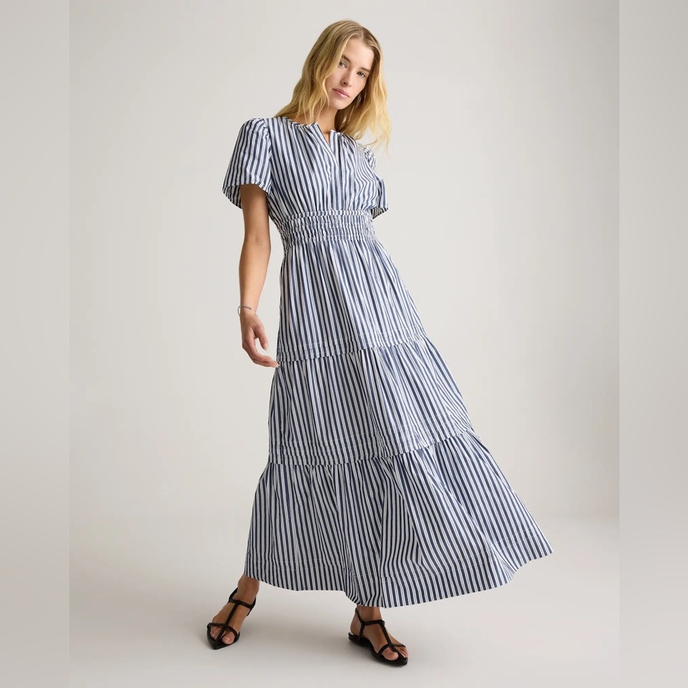 NWT Quince 100% Organic Cotton Poplin Tiered Maxi Dress Small Hudson Stripe Blue